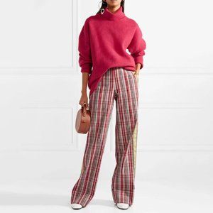 DIANE VON FURSTENBERG Grosgrain-Trimmed Checked Canvas Wide-Leg Pants Size 0